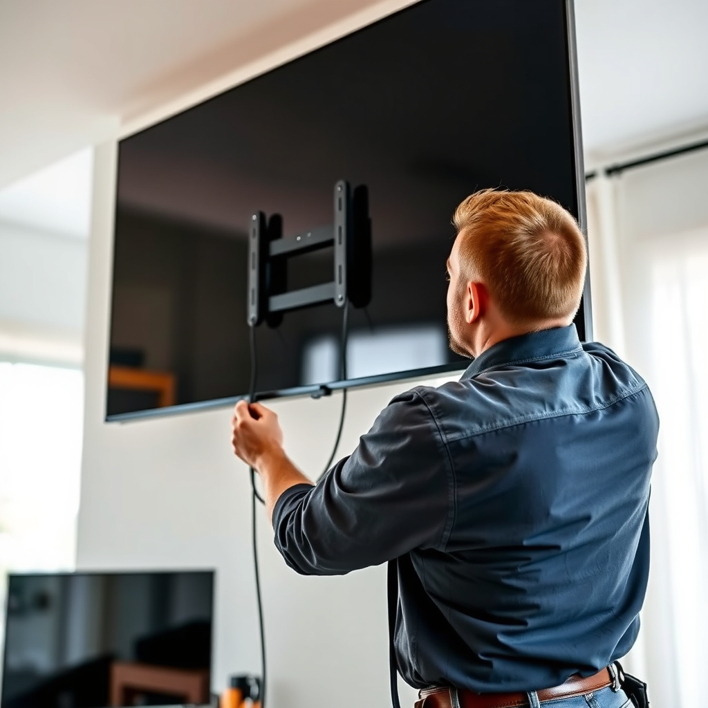 Create an image of a technician professionally mounting a large flat-screen TV on a wall. Showcase the precision and care involved in the process, with visible tools and mounting hardware. The background should be a clean, modern living room. Focus on the secure attachment and clean wiring.