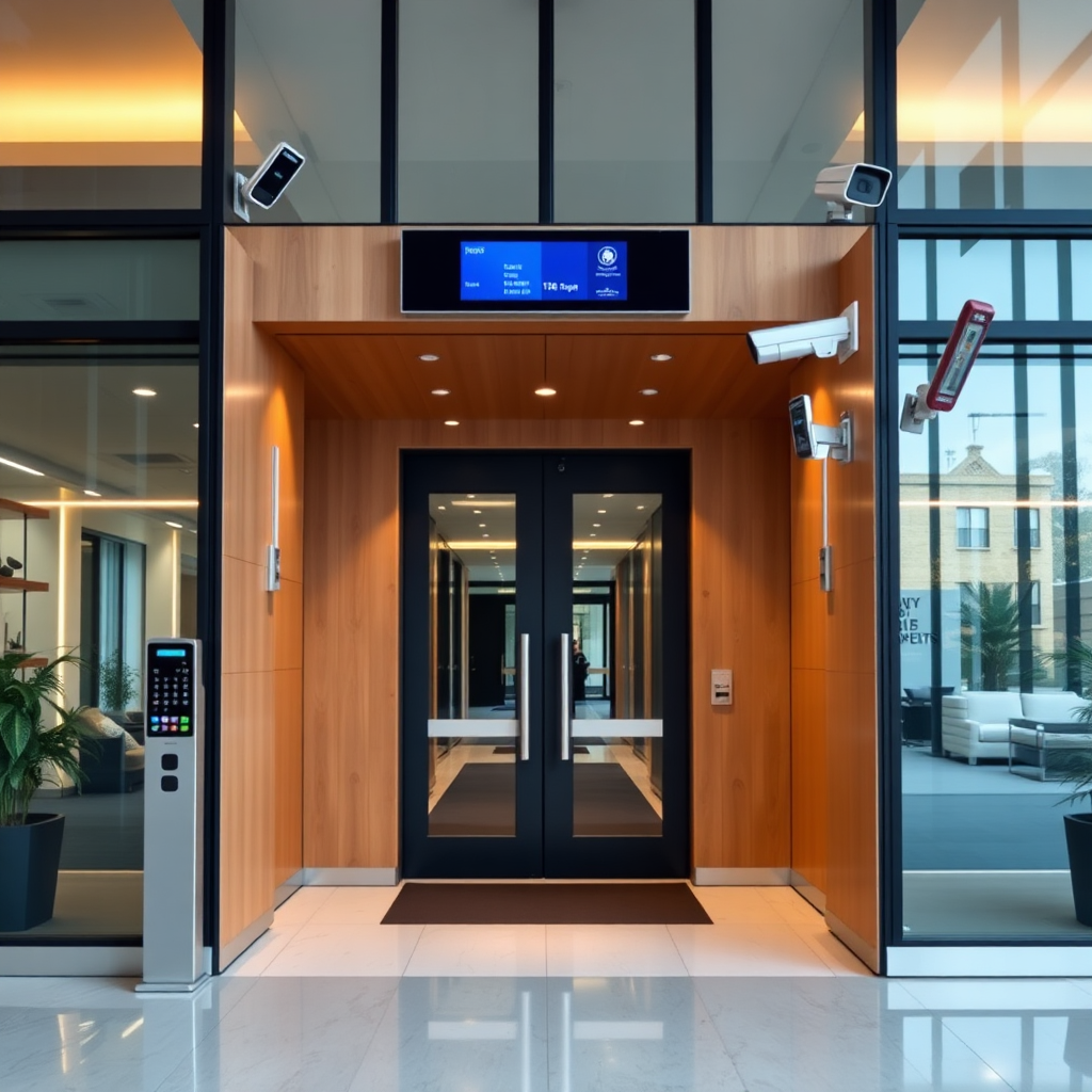 Create an image showcasing a modern access control system at the entrance of an office building. Show keycard scanners, biometric readers, and security cameras. Highlight the streamlined design and secure entry process.
