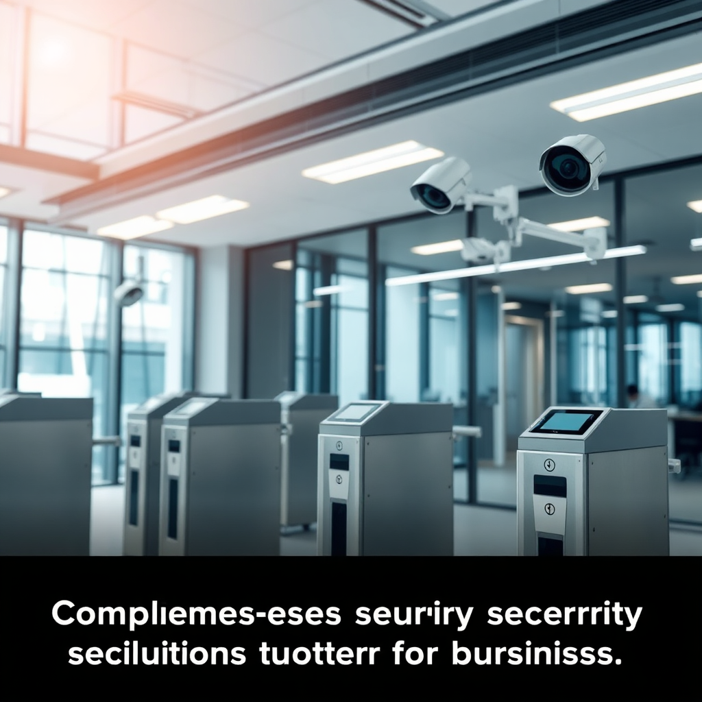 Create an image showing a modern office building with advanced access control systems in place. The focus should be on the security checkpoints and surveillance cameras, emphasizing the protection of sensitive information and assets. The lighting should be bright and professional, conveying a sense of security and vigilance. Emphasize the importance of comprehensive security solutions for businesses.