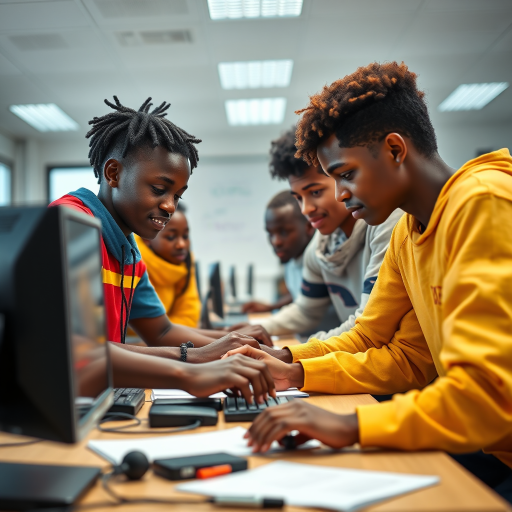 A photorealistic image depicting a group of South Sudanese students collaborating on a coding project. They are working together in a modern classroom, surrounded by computers and learning materials. The lighting is bright and encouraging, fostering a sense of creativity and innovation. The color palette is vibrant and youthful, reflecting the energy of the students. The camera angle is a medium shot, focusing on the collaboration and teamwork of the students. Texture details emphasize the clean lines of the computers and the youthful attire of the students. The environment is a modern, well-equipped classroom. Style references include educational photography with a focus on collaboration and innovation. Technical specs: High resolution, realistic rendering, natural lighting.