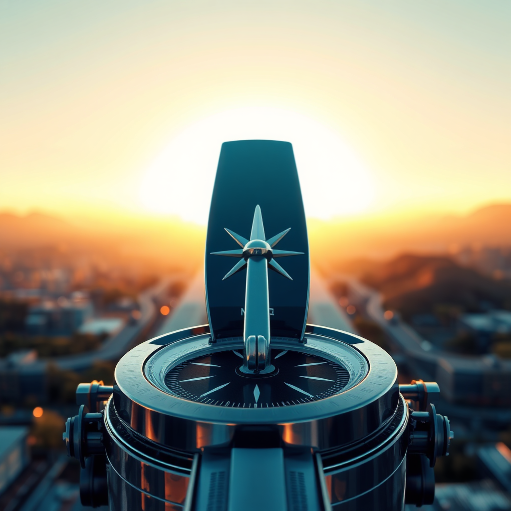 A photorealistic image of a compass pointing towards a bright, futuristic horizon. The compass is made of modern materials, like polished metal and glass. The surrounding landscape is a mix of natural elements and high-tech infrastructure. Soft, directional lighting highlights the compass as a symbol of guidance. Technical Specs: 4K Resolution, photorealistic, atmospheric lighting.