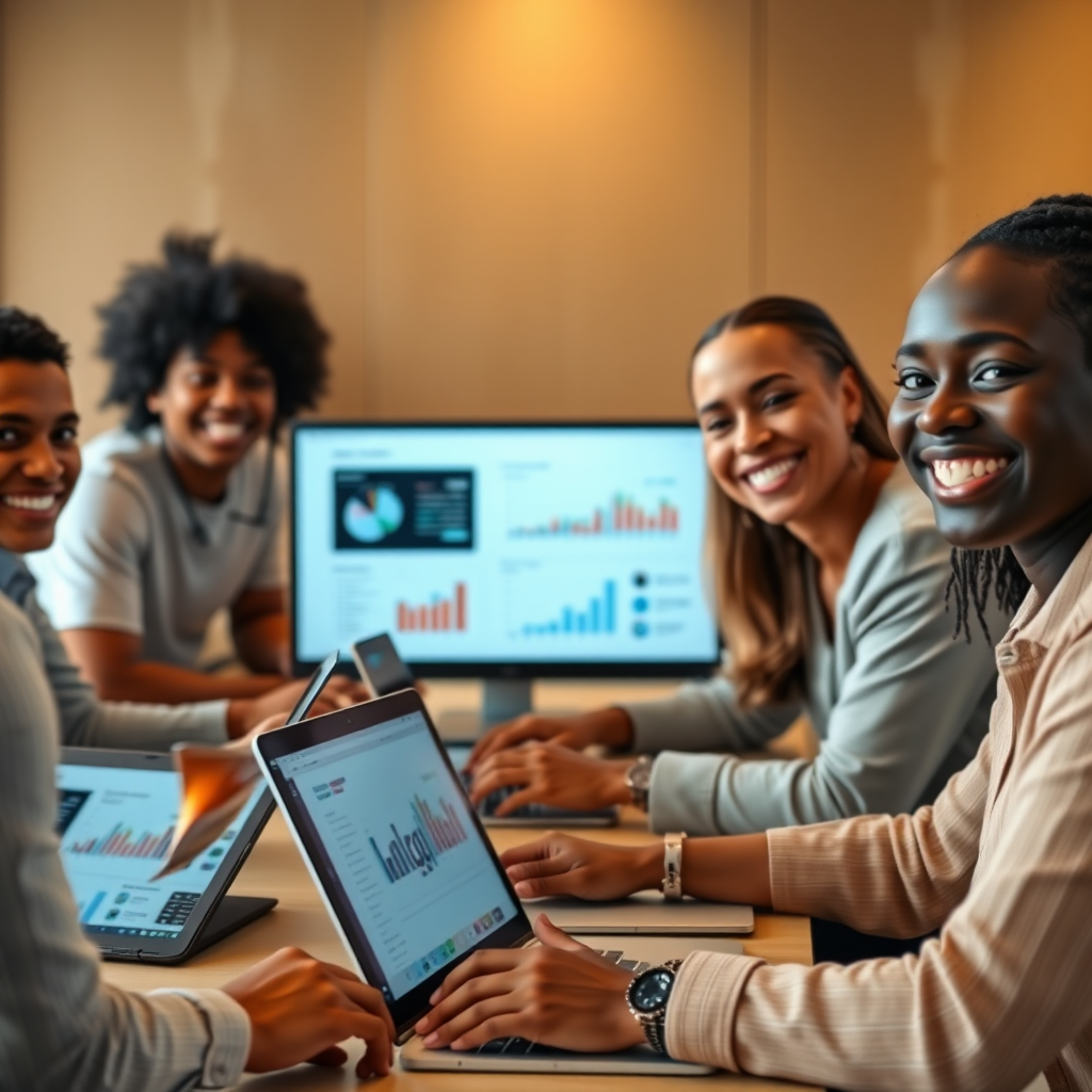 A photorealistic image of a diverse team smiling in a workshop, with laptops displaying analytics dashboards, emphasizing digital empowerment and hands-on learning. Warm, inviting lighting. Technical Specs: 4K Resolution, realistic rendering.