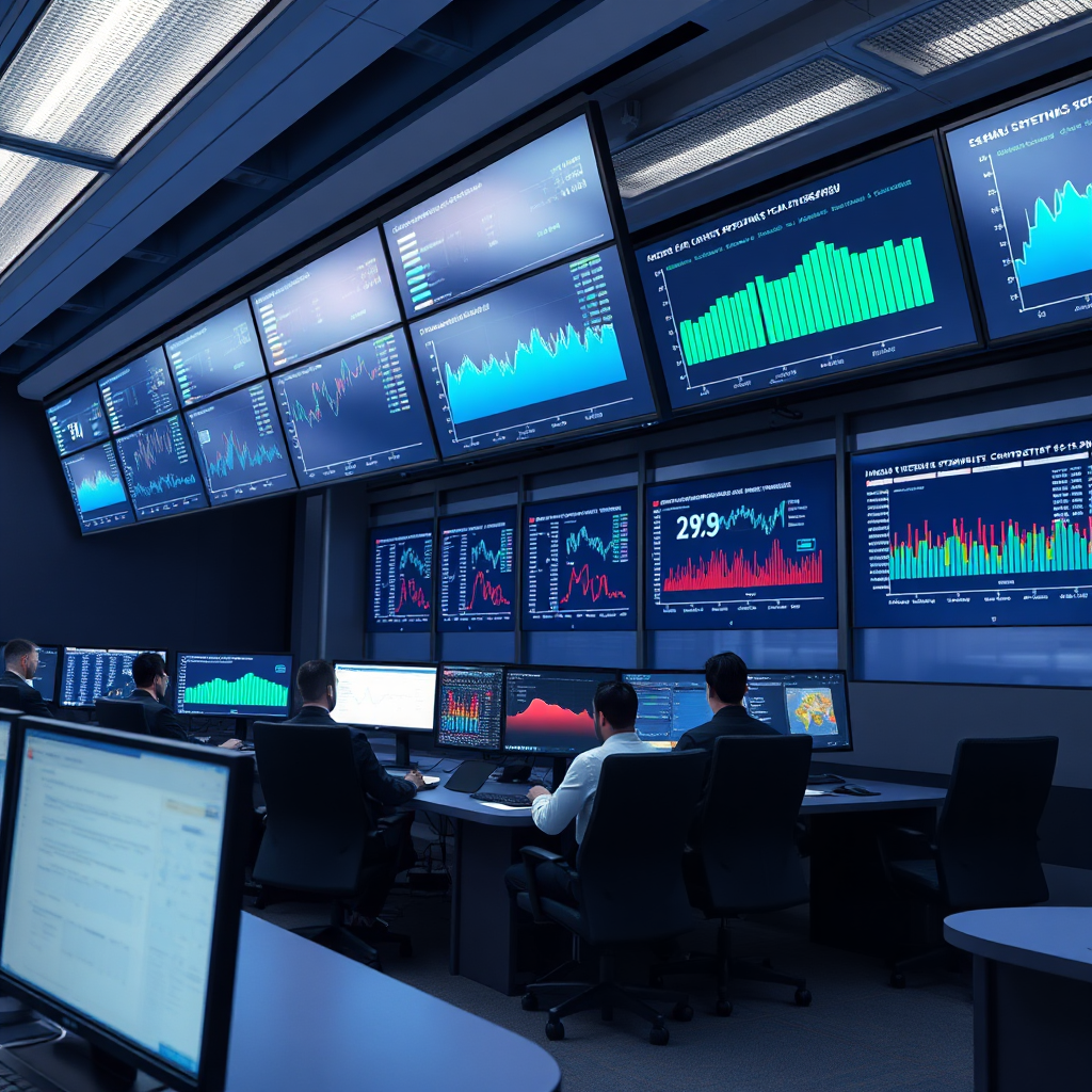 A photorealistic image of a network operations center (NOC) with large screens displaying system performance metrics. The NOC is staffed by IT professionals who are monitoring the systems. Technical Specs: 4K Resolution, realistic rendering, modern setting.
