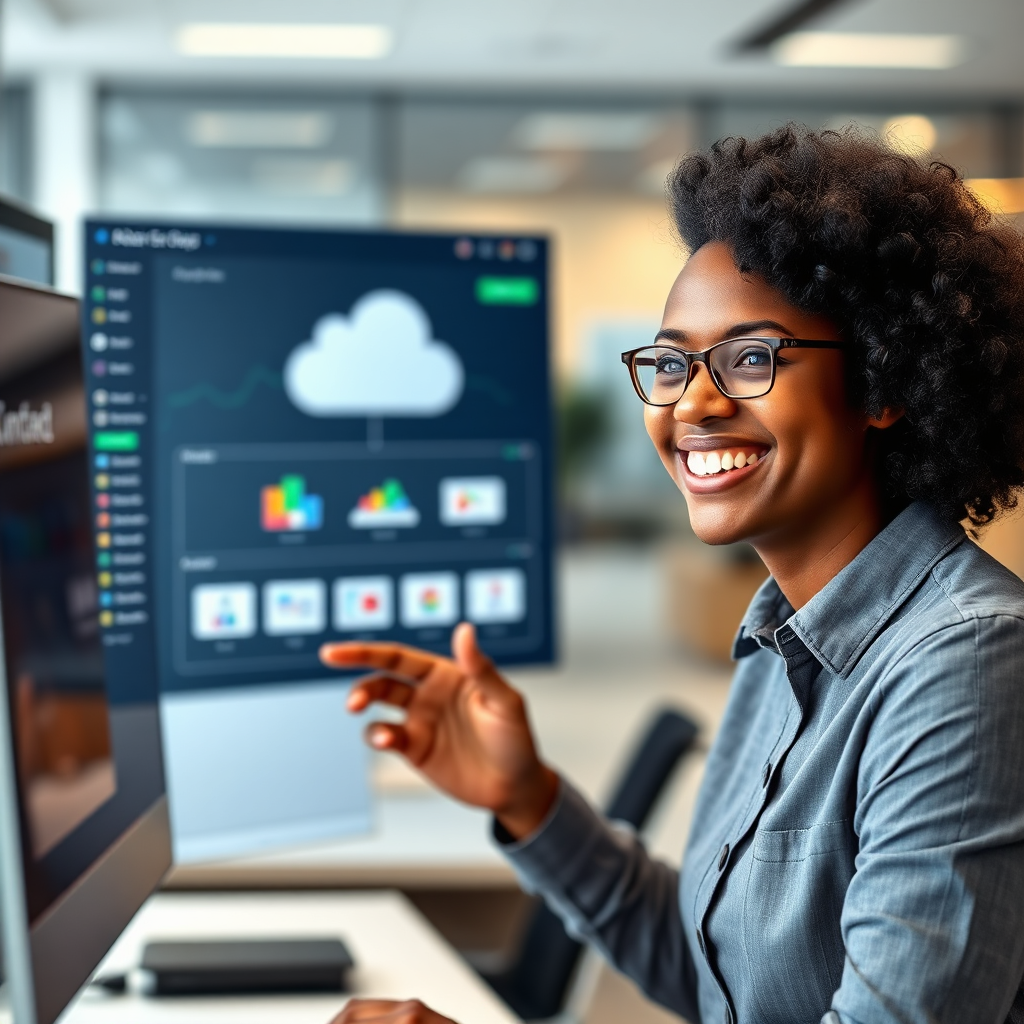 A photorealistic image of a person using a cloud-based workflow tool to manage a project. The tool is displayed on a large screen, and the person is smiling confidently. The background is a blurred office environment. Technical Specs: 4K Resolution, shallow depth of field, realistic rendering.