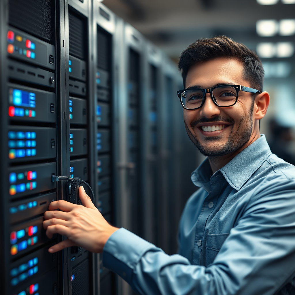 A photorealistic image of a person restoring data from a backup system. The person is smiling confidently, and the data is flowing seamlessly. The background is a blurred office environment. Technical Specs: 4K Resolution, shallow depth of field, realistic rendering.