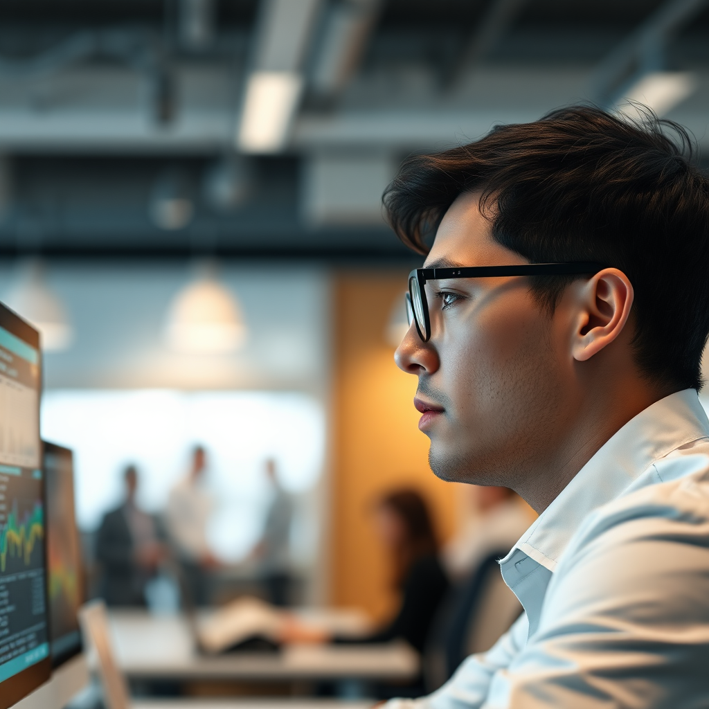 A photorealistic image of a person analyzing data on a screen. The person is wearing glasses and has a focused expression. The background is a blurred office environment. Technical Specs: 4K Resolution, shallow depth of field, realistic rendering.