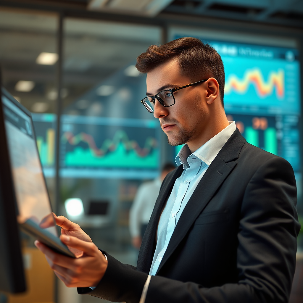 A photorealistic image of a person analyzing a data-filled screen and formulating a strategic plan. The person is wearing a suit and has a focused expression. The background is a blurred office environment. Technical Specs: 4K Resolution, realistic rendering, shallow depth of field.