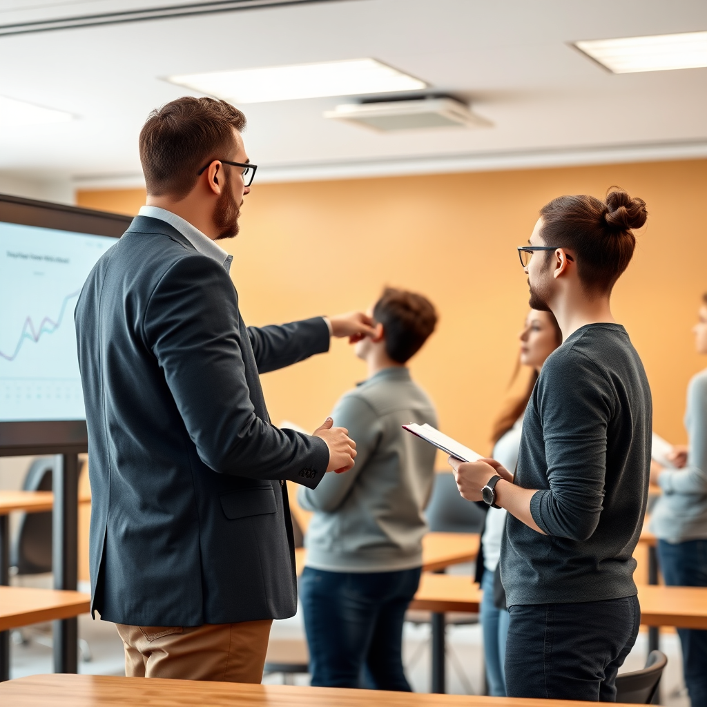 A photorealistic image of a trainer teaching a group of students how to use an analytics platform. The trainer is pointing at a screen, and the students are taking notes. The background is a modern classroom. Technical Specs: 4K Resolution, realistic rendering, group setting.