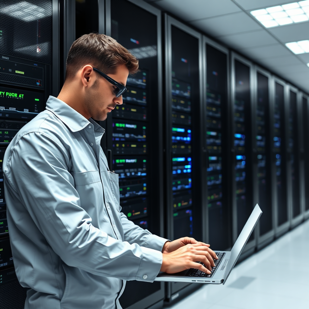 A photorealistic image of an engineer maintaining computer systems in a server room. The engineer is using tools to optimize the systems. Bright, clean server room. Technical Specs: 4K Resolution, realistic rendering, clean modern environment.