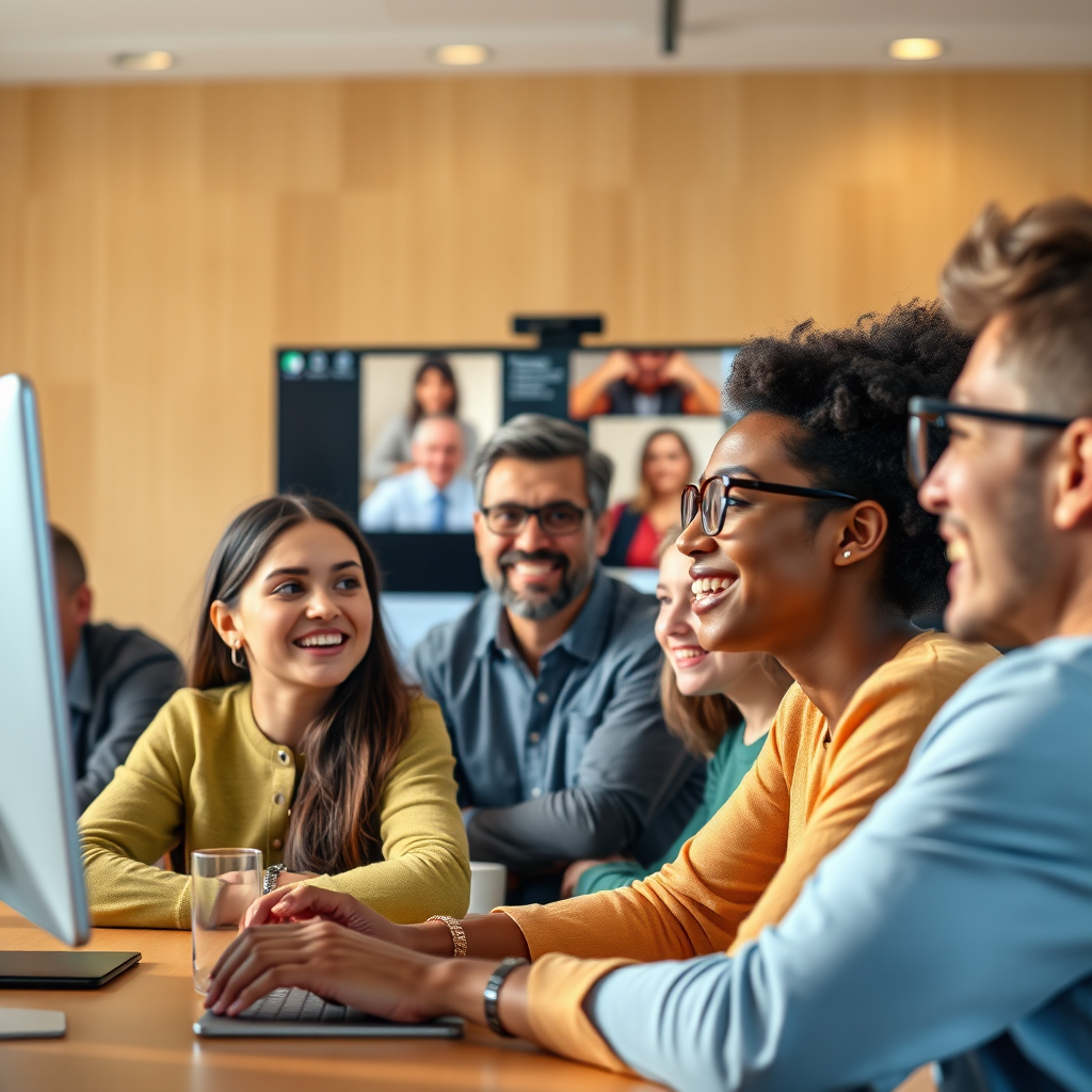 A photorealistic image of an online conference happening with several students watching a teacher presenting data. Each student has a smile on their face, demonstrating engagement. Warm colors. Technical Specs: 4K Resolution, realistic rendering.
