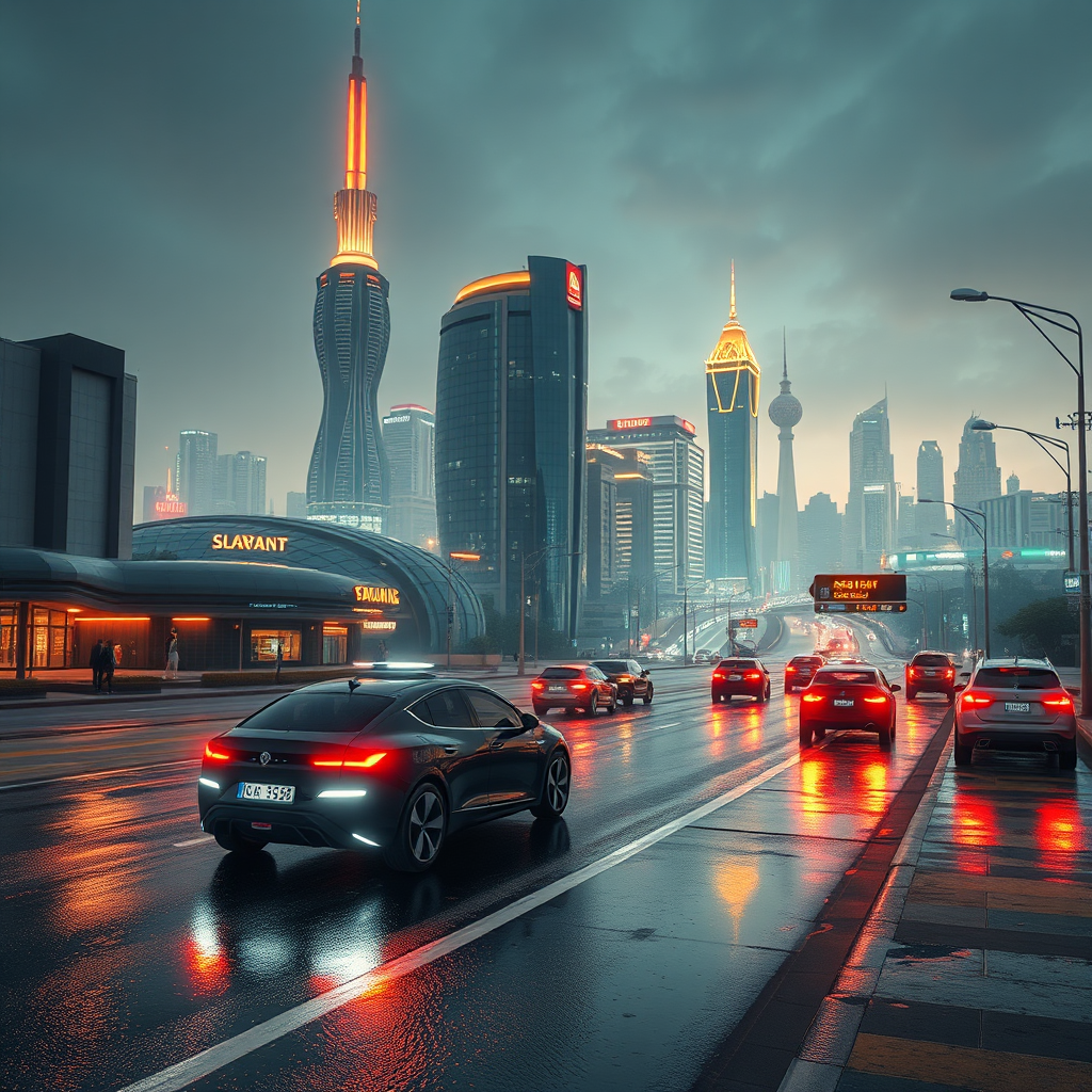 A photorealistic image showing a futuristic cityscape with advanced technologies integrated into the environment, like self-driving cars and smart buildings. The skyline has a mix of modern and traditional South Sudanese architecture. Night scene with neon lights reflecting in wet streets. Technical Specs: 4K Resolution, hyperrealistic, dynamic lighting.