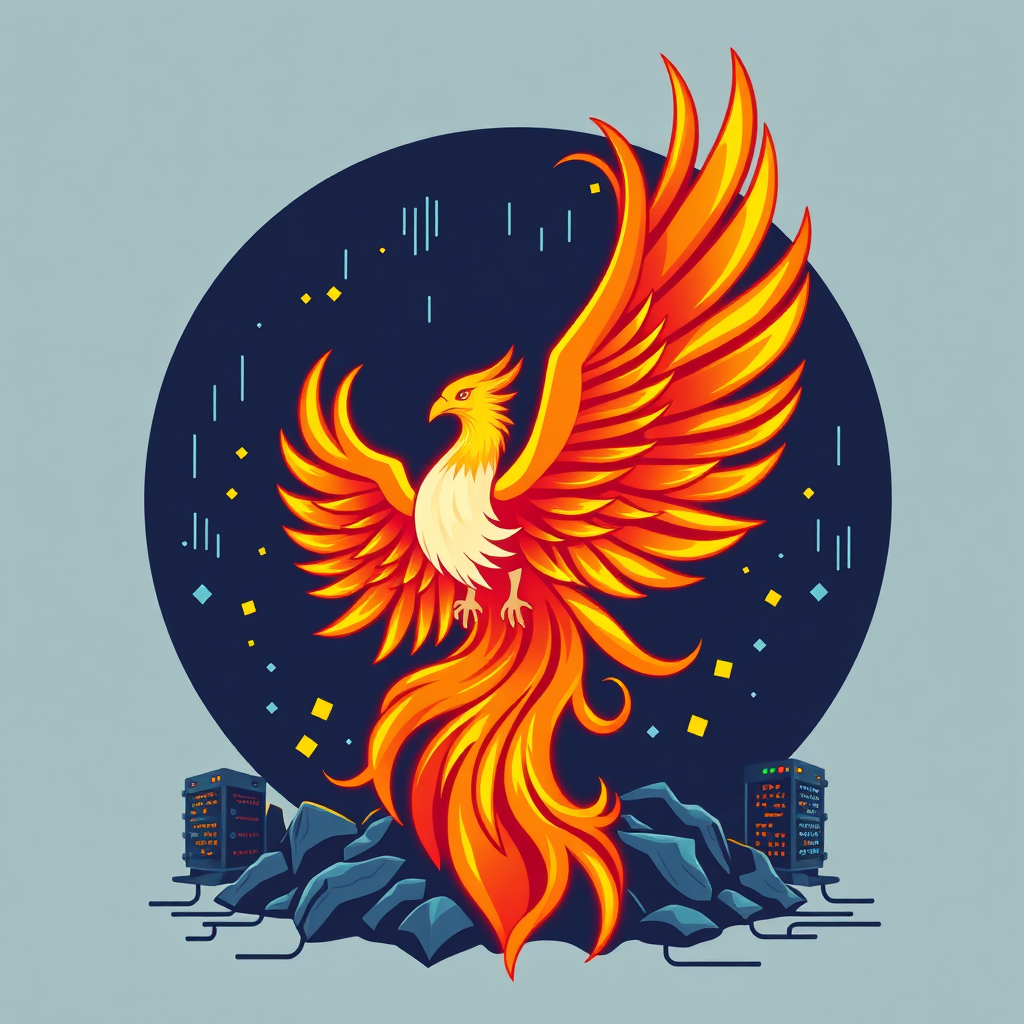 A stylized graphic of a phoenix rising from the ashes representing restoration with computer elements like servers and code around it. Bright, uplifting and high energy. Technical Specs: 4K Resolution, clean vector design.