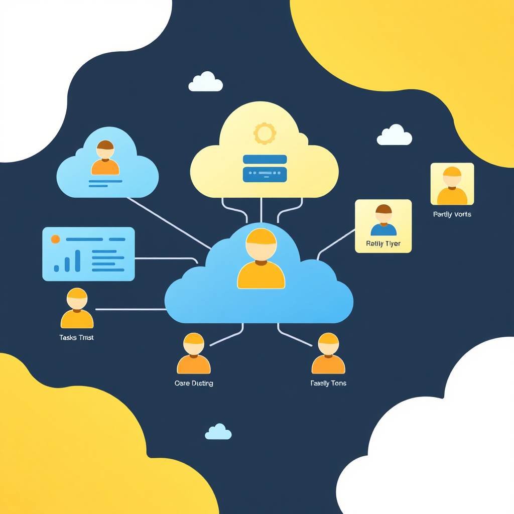 A stylized graphic of a project management dashboard with interconnected tasks, timelines and people, all visualized on a cloud network, emphasizing streamlined, accessible workflows. Technical Specs: 4K Resolution, clean vector design.