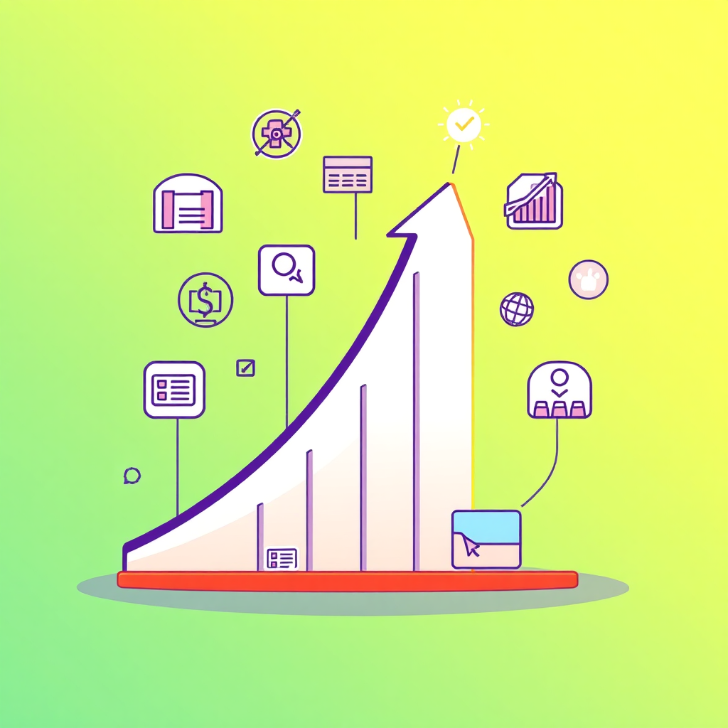 A stylized illustration of a business graph showing upward growth. The graph is surrounded by icons representing different business functions (sales, marketing, operations). The background is a vibrant gradient of green and yellow. Technical Specs: 4K Resolution, clean vector design, vibrant colors.