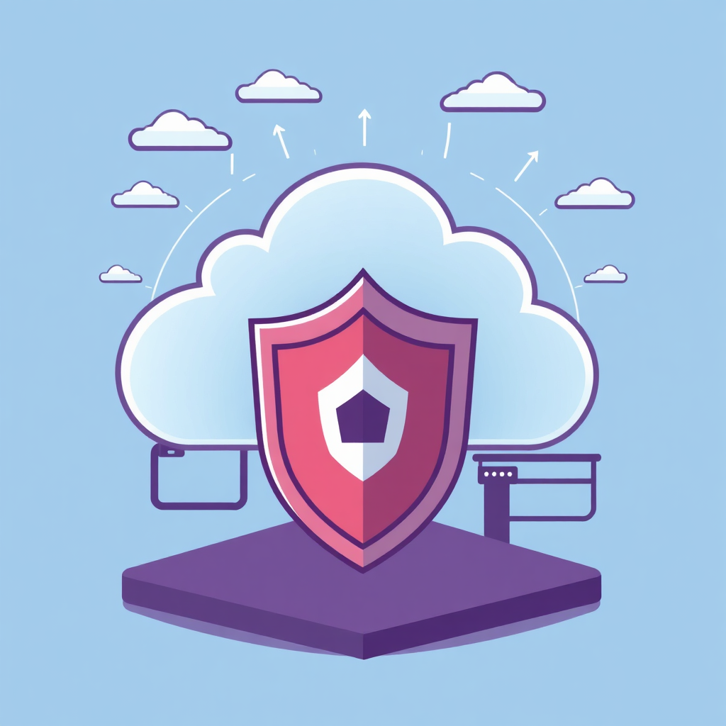 A stylized illustration of a cloud storage system being protected by a shield. The cloud storage system is represented by a network of interconnected devices, and the shield is represented by a fortress. Technical Specs: 4K Resolution, vector illustration, modern design.
