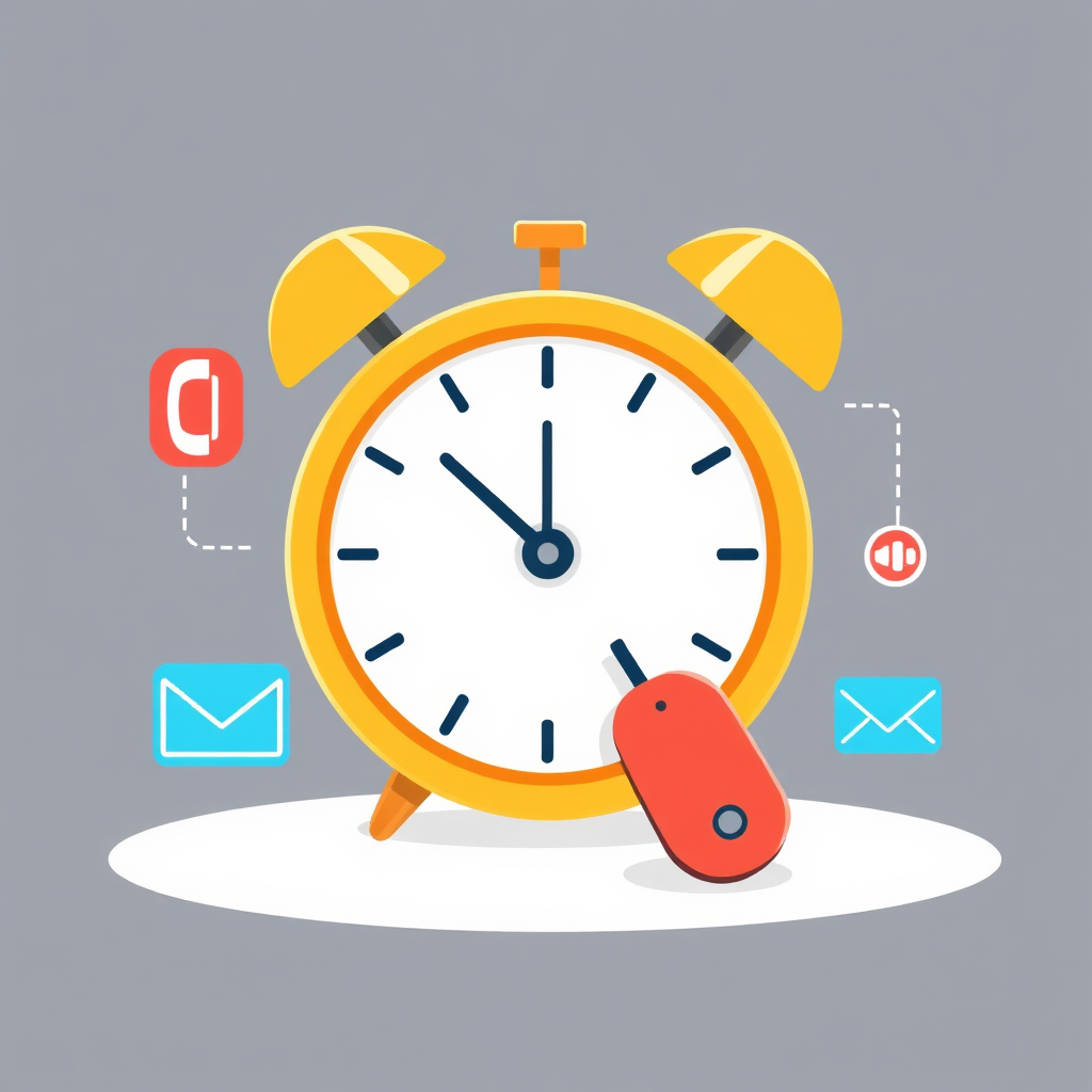 A stylized illustration of a clock with a computer mouse pointing at it. The clock is surrounded by icons representing different support channels (phone, email, chat). Technical Specs: 4K Resolution, vector illustration, minimalist design.