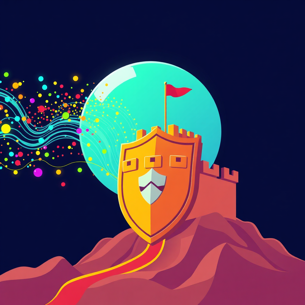 A stylized illustration of a data stream being protected by a shield. The data stream is represented by colorful particles, and the shield is represented by a fortress. Technical Specs: 4K Resolution, vector illustration, modern design.