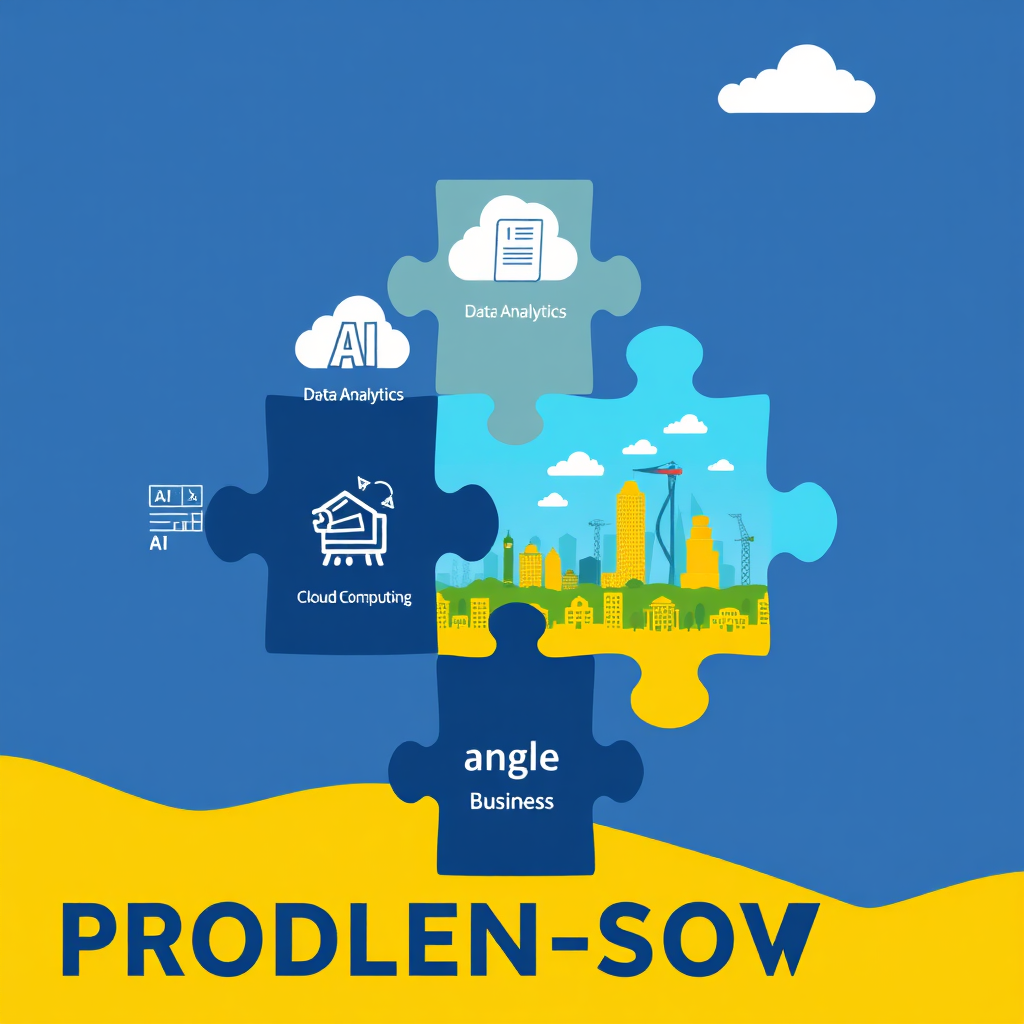 A stylized illustration of a puzzle being assembled. Each piece represents a different aspect of digital solutions like AI, cloud computing, data analytics. The final assembled puzzle shows a flourishing business landscape. The color palette uses a gradient from dark blues to bright yellows, signifying problem-solving. Technical Specs: 4K Resolution, flat vector design.