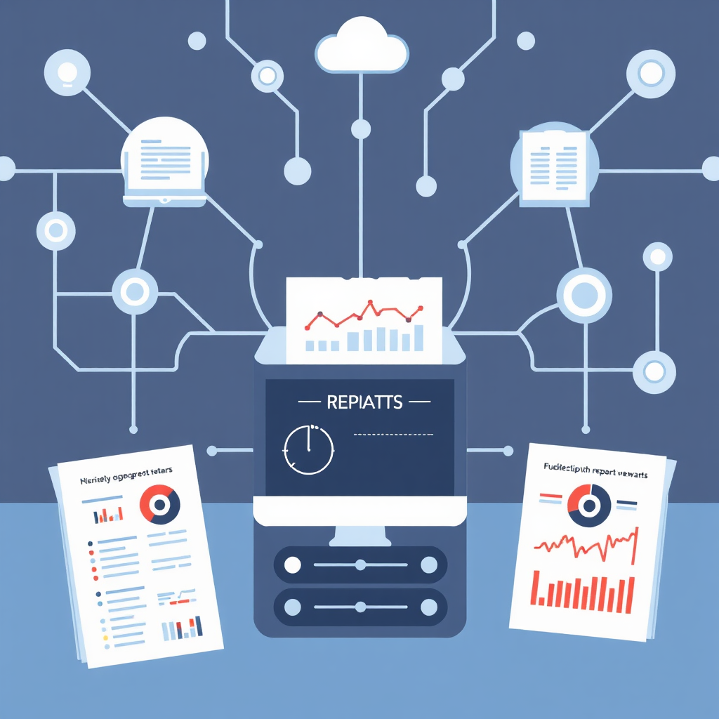 A stylized illustration of automated reports being generated. The reports are represented as infographics with clear and concise data visualizations. The background is a network of connected devices and servers. Technical Specs: 4K Resolution, clean vector design, modern design.