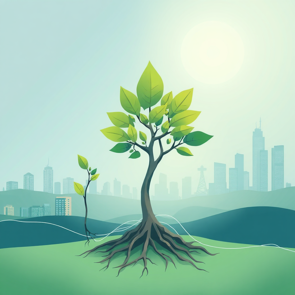A stylized illustration showing a small sapling growing into a large, strong tree. The tree's roots are interwoven with fiber optic cables, symbolizing the connection to IT solutions. The background shows a cityscape evolving from small buildings to skyscrapers. The color palette uses shades of green and blue to represent growth and technology. Soft, ambient lighting enhances the sense of progression. Technical Specs: 4K Resolution, vector illustration style.