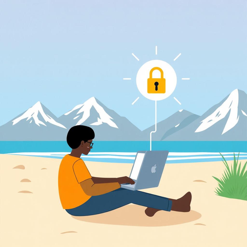 A stylized image depicting a person working on a laptop in a remote location (e.g., a beach or a mountain). The laptop is connected to a secure network, represented by a lock icon. Technical Specs: 4K Resolution, vector illustration, natural setting.
