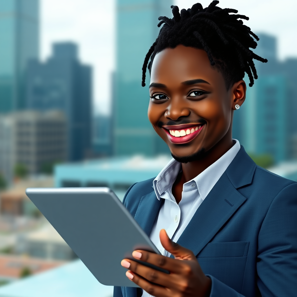 A stylized image depicting a South Sudanese entrepreneur using a tablet to manage their business. The background features a blurred cityscape, representing the urban environment. The entrepreneur is smiling confidently, radiating success and optimism. The color palette is professional and modern, with blues, greens, and grays dominating the scene. The camera angle is a close-up shot, focusing on the entrepreneur's face and the tablet. Texture details emphasize the clean lines of the tablet and the professional attire of the entrepreneur. The overall style is clean and modern, with a focus on success and innovation. Technical specs: High resolution, stylized rendering, soft lighting.