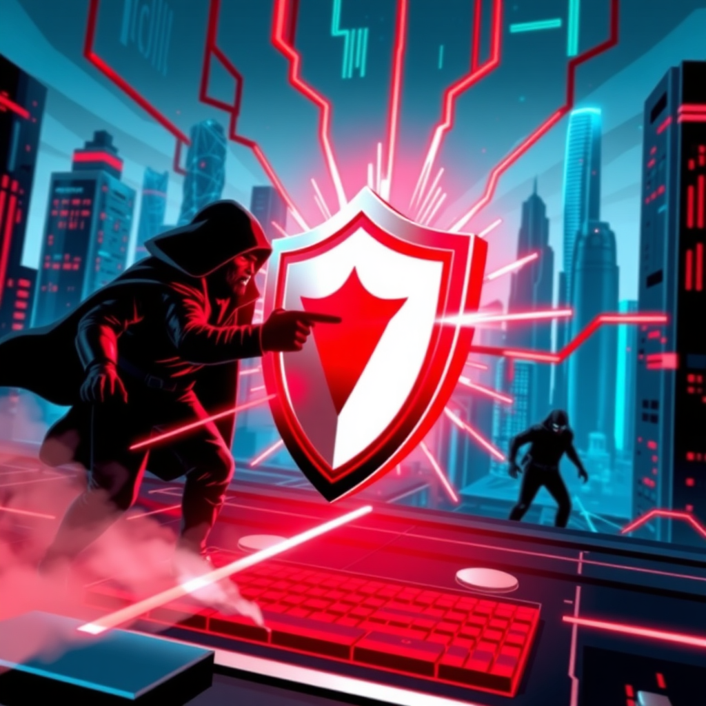 A stylized image depicting a shield protecting a computer network from cyber threats. The shield is glowing with energy, and the threats are represented by dark, ominous figures. The background is a futuristic cityscape, representing the digital world. The color palette is bold and dramatic, with reds, blacks, and blues dominating the scene. The overall style is futuristic and action-packed, with a focus on protection and security. Technical specs: High resolution, stylized rendering, dynamic lighting.
