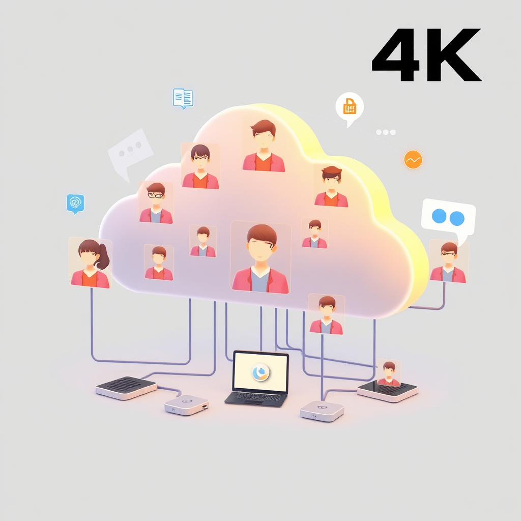 A stylized image depicting people from different locations communicating through a cloud-based platform. The people are represented by avatars, and the platform is represented by a network of interconnected devices. Technical Specs: 4K Resolution, dynamic lighting, modern design.