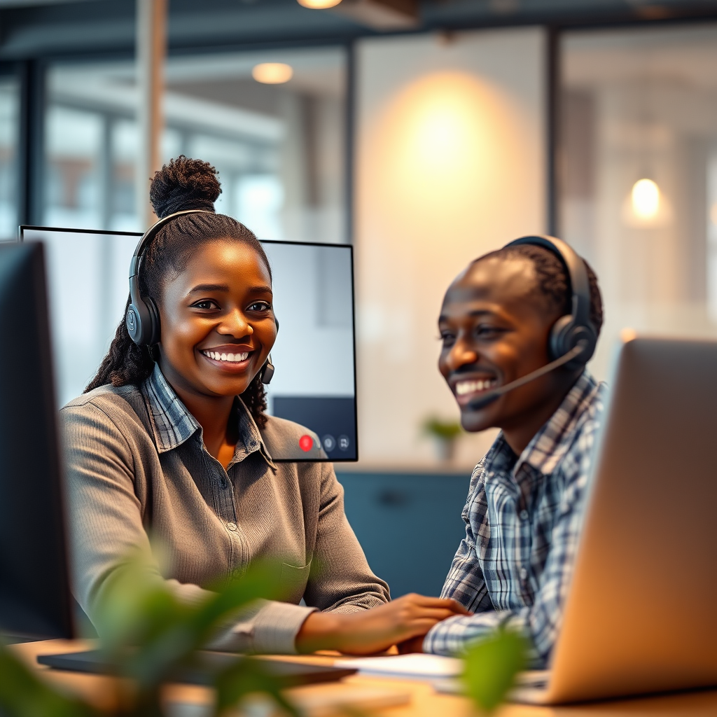 Photorealistic image of a customer service representative assisting a client via video call. The client is smiling and appears relieved. The backdrop shows a modern office with subtle South Sudanese design elements. Warm, inviting lighting emphasizes the personal connection. The color palette uses calming blues and greens. Technical Specs: 4K Resolution, realistic rendering, shallow depth of field.