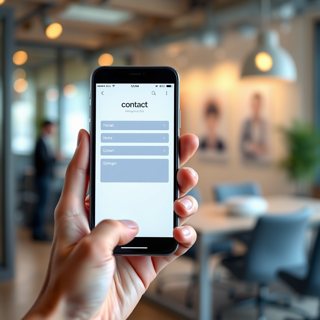 Photorealistic image of a hand holding a smartphone with a contact form displayed on the screen. The background is blurred and shows a modern office environment. Warm, inviting lighting. The colors are professional and calming, featuring blues and grays. The camera angle is close-up, focusing on the hand and smartphone. Technical Specs: 4K Resolution, shallow depth of field, realistic rendering.