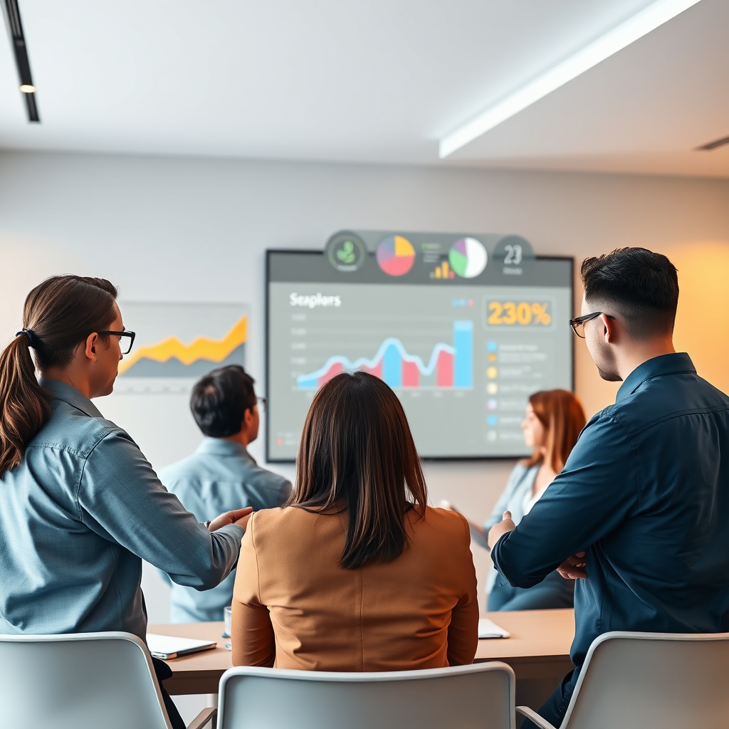 Photorealistic image of a team discussing business strategies while looking at a dashboard projected on a wall. The dashboard displays key performance indicators (KPIs) and trends. Modern office setting with warm lighting. Technical Specs: 4K Resolution, realistic rendering, group setting.