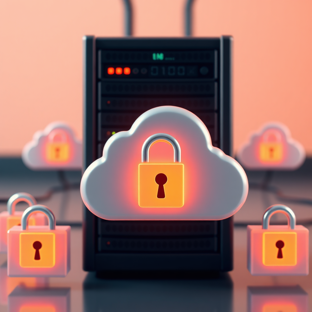 Photorealistic image of encrypted files being backed up on a cloud server. Each file and the server has a lock indicating encryption. Lighting has warm colors. Technical Specs: 4K Resolution, realistic rendering, shallow depth of field.
