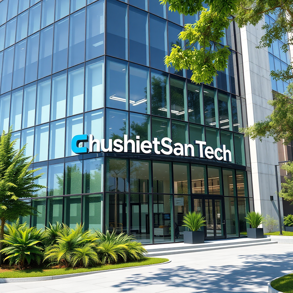 Photorealistic image of the exterior of a modern office building. The building has a glass facade and is surrounded by greenery. The CushitesCan Tech logo is prominently displayed. The lighting is natural and bright, showcasing the building's architecture. The color palette is modern and professional. The camera angle is a wide shot, capturing the entire building. Technical Specs: 4K Resolution, realistic rendering, natural lighting.