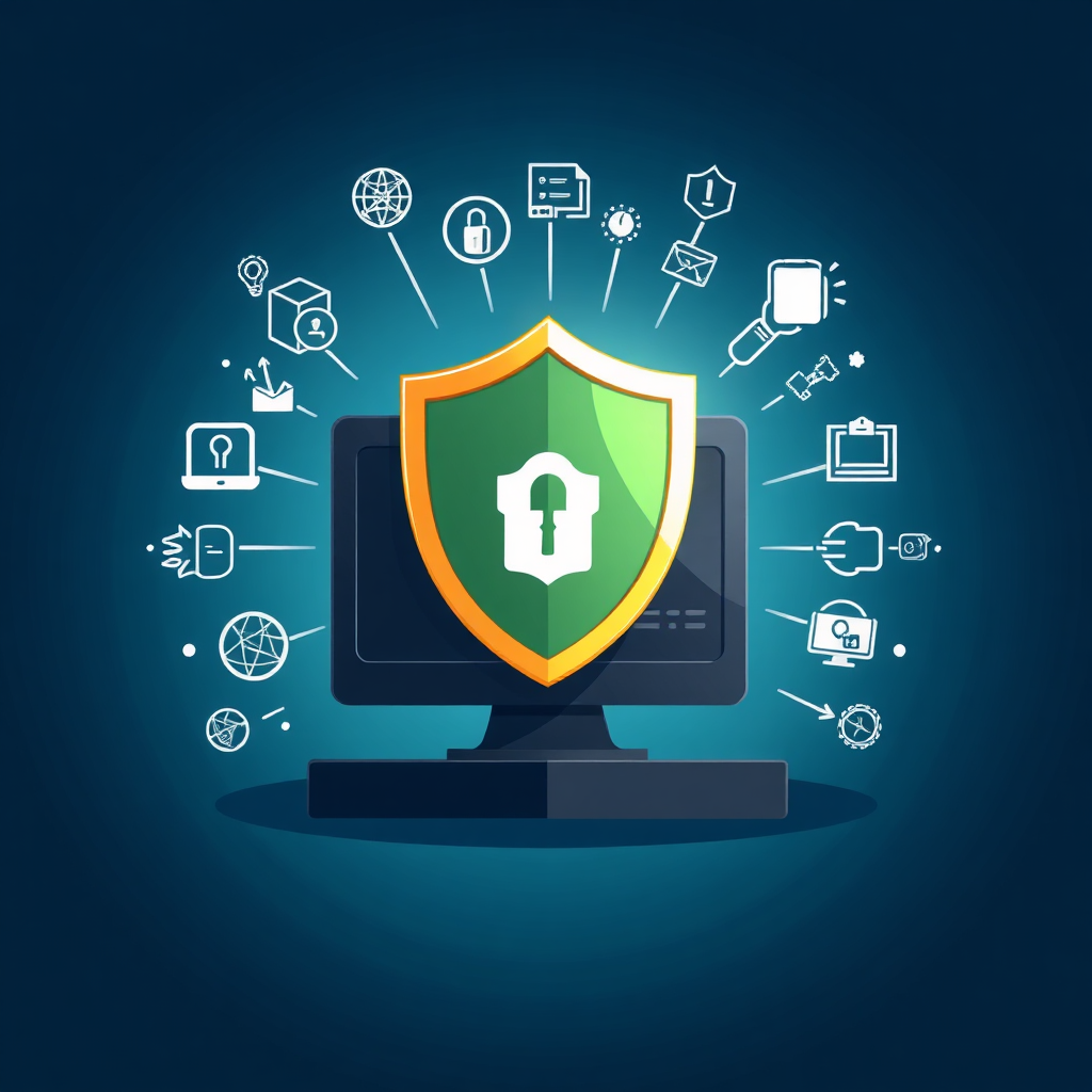 Stylized graphic of a computer system protected by a shield with cybersecurity icons all around it. Icons for security and protection with a bright, strong shield. Background is gradient from dark blue to light blue. Technical Specs: 4K Resolution, clean vector design.