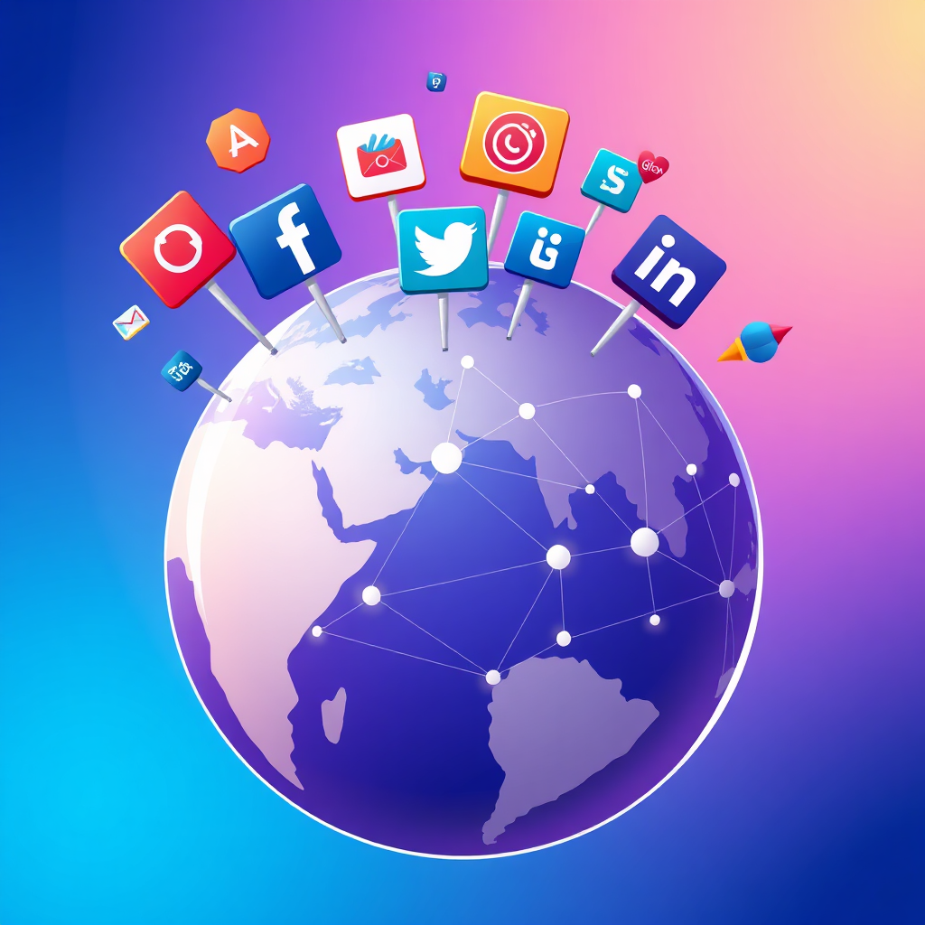 Stylized illustration of social media icons floating above a globe. The icons are colorful and represent popular platforms like Facebook, Twitter, and LinkedIn. The globe is transparent and shows a network of connections spanning different continents. The background is a vibrant gradient of blues and purples. Technical Specs: 4K Resolution, clean vector design, vibrant colors.
