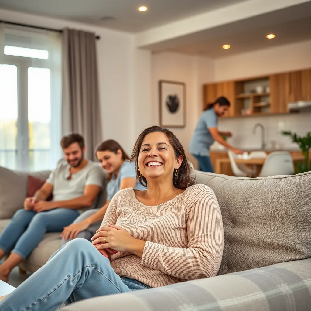 A cheerful woman smiling while relaxing on a sofa in a spotless living room, surrounded by family members, while a professional cleaner tidies up in the background.