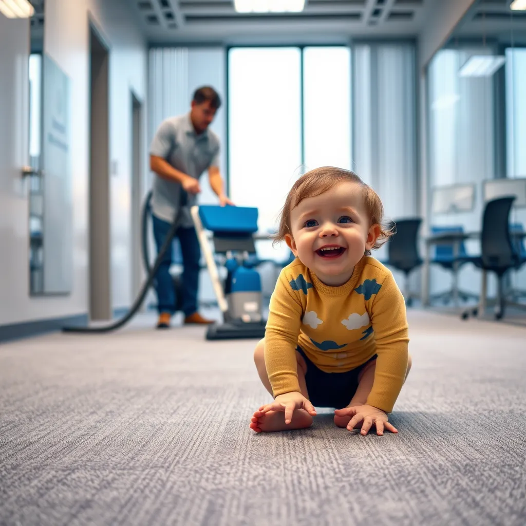A child playing happily on the floor of a bright and clean office, while a professional cleaner vacuums the carpet in the background, showcasing a healthy and sanitized workspace.