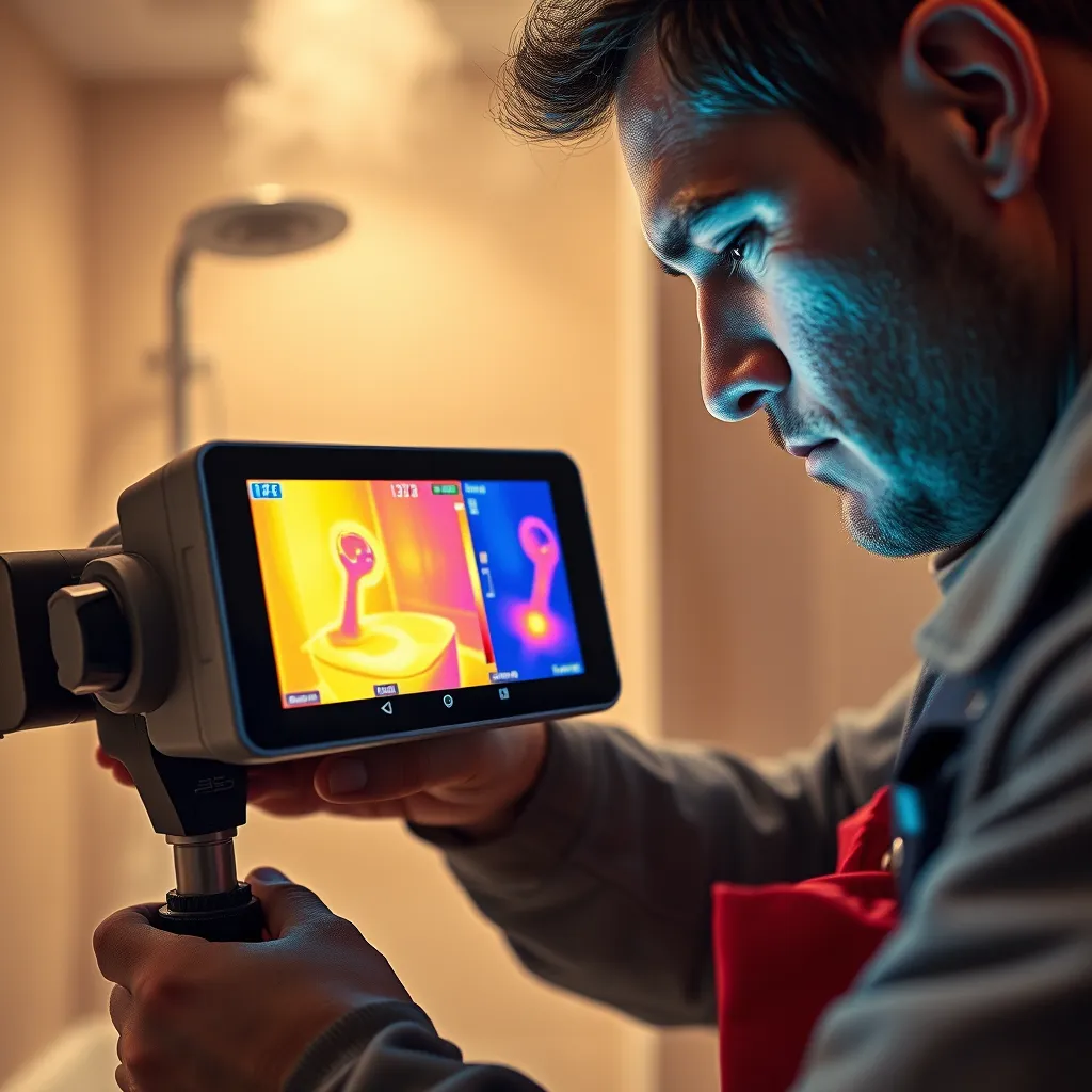 A close-up, photorealistic image of a plumber using a thermal imaging camera to detect a leak in a bathroom wall. The camera should display a clear heat signature of the leak, while the plumber's face is focused, showing concentration. The bathroom should have a warm, inviting color palette with soft, diffused lighting. The camera angle should be slightly elevated, capturing the plumber's hands and the camera in detail. The image should have a 8K resolution and ultra-realistic detail, emphasizing the textures of the camera, the plumber's work uniform, and the bathroom tiles. The background should include a partially visible shower with steam rising, subtly indicating the source of the leak. The image should evoke a sense of professionalism, competence, and peace of mind.