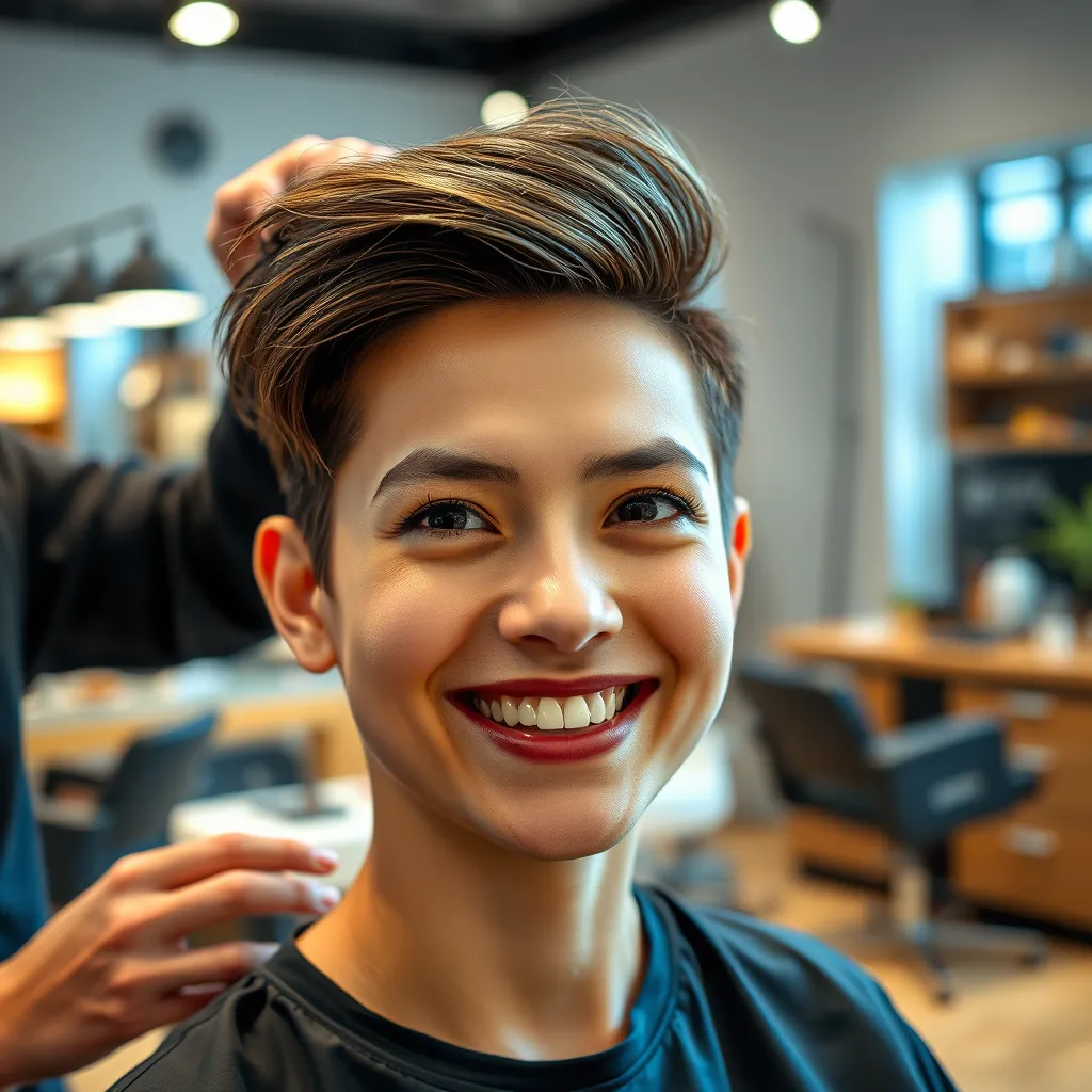 A close-up photo of a satisfied customer with a modern, stylish haircut, showcasing the expertise of the stylist. The image should be bright and vibrant, capturing the joy of a new haircut. The salon setting should be visible in the background, with professional tools and a welcoming atmosphere.
