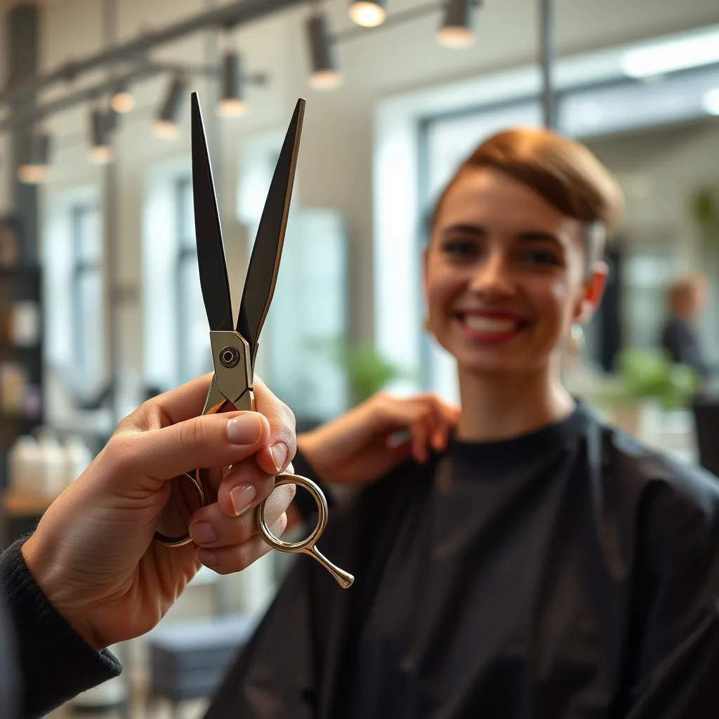 A close-up photo of a stylist holding a pair of shears, with a model in the background receiving a haircut. The salon should have a modern and inviting atmosphere, with natural light streaming in. The stylist should have a confident and professional expression, and the model should look relaxed and happy.