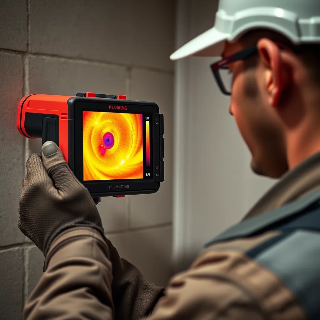 A close-up photorealistic image of a plumber using a thermal imaging camera to detect a hidden leak in a wall. The camera should be displaying a clear image of the leak with contrasting colors, while the plumber wears a professional uniform and holds the camera with focused attention.
