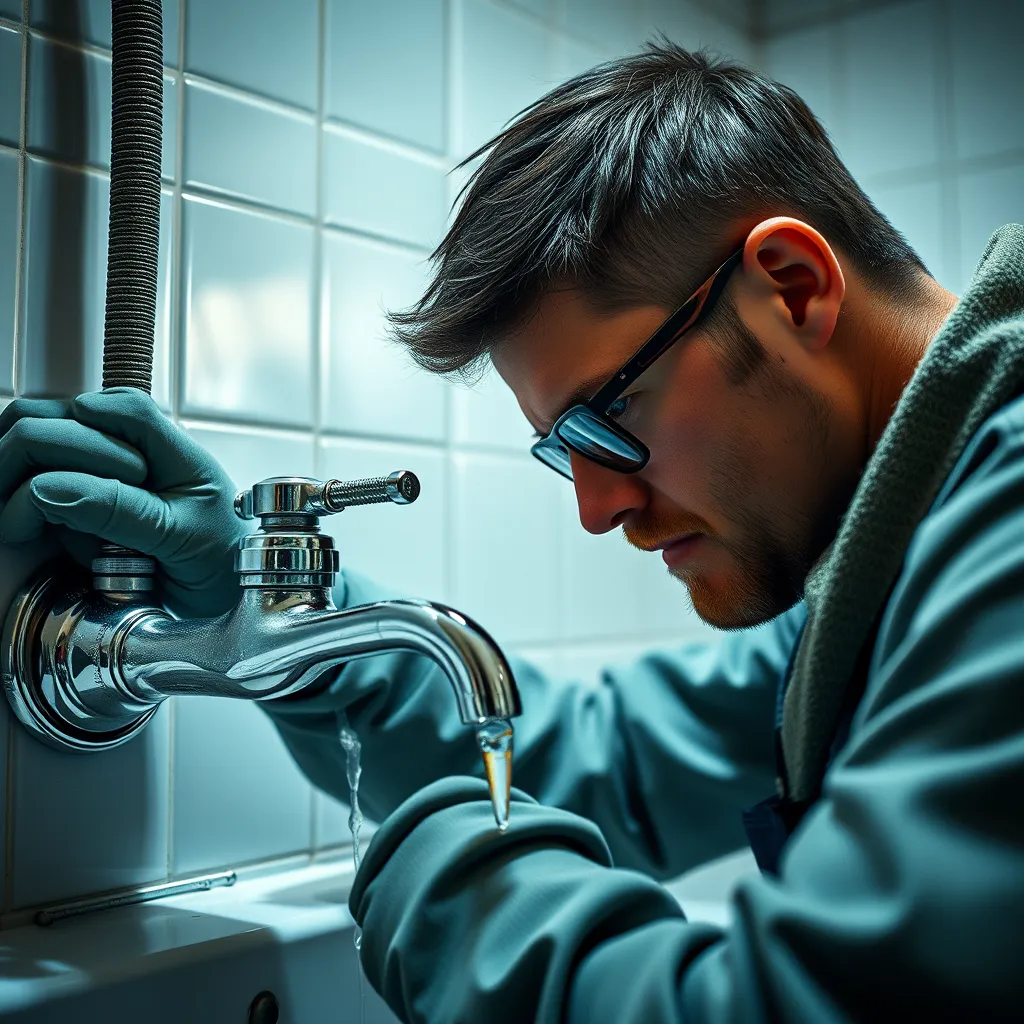 A close-up shot of a plumber working on a leaky faucet in a bathroom, showcasing the tools and precision involved in the repair. The image should have a professional and clean aesthetic, highlighting the expertise of the plumber.