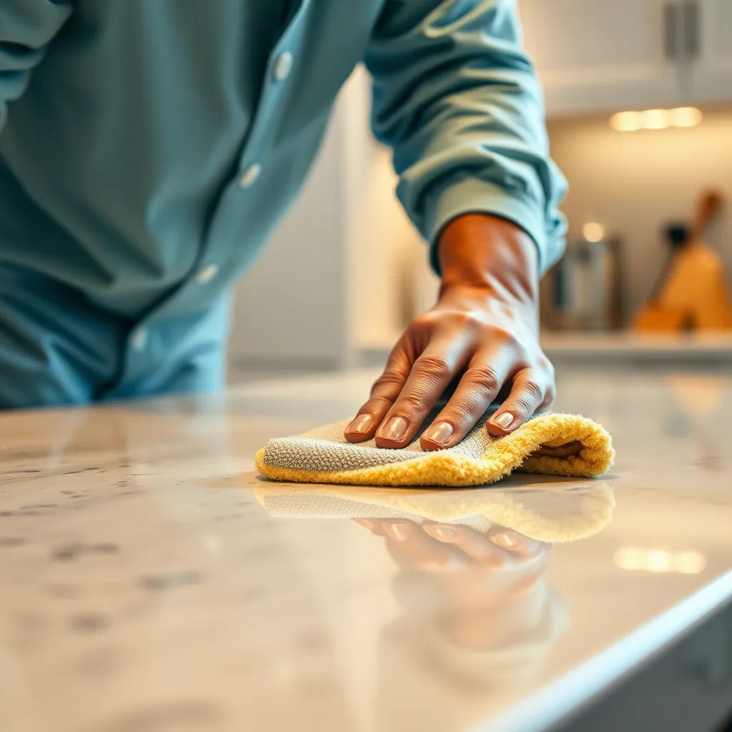 A close-up shot of a professional cleaner meticulously wiping down a kitchen counter with a microfiber cloth, showing sparkling clean surfaces and detailed cleaning work.