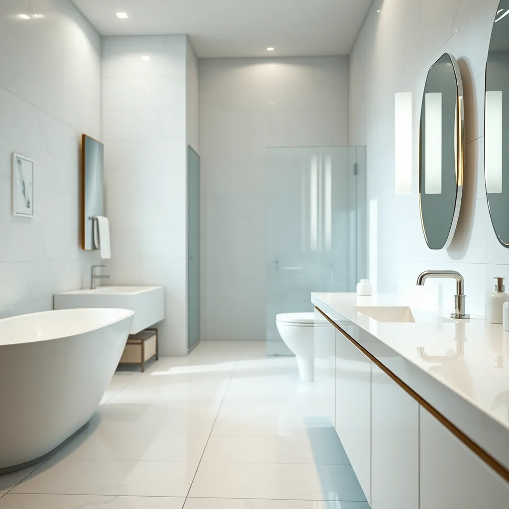 A close-up shot of a sparkling bathroom, showcasing the results of Duwan Cleaning's deep cleaning service. The image should focus on the details, highlighting the gleaming tile floors, spotless countertops, and sparkling fixtures. The lighting should be soft and diffused, creating a sense of tranquility and cleanliness. The bathroom should be styled with minimalist, spa-like elements, emphasizing the freshness and cleanliness of the space. The image should be in the style of a high-end bathroom design magazine, showcasing the transformative power of a deep cleaning service. Render in hyperrealistic detail, with 8K resolution, and focus on the reflection of light in the water droplets on the surfaces, highlighting the pristine details.
