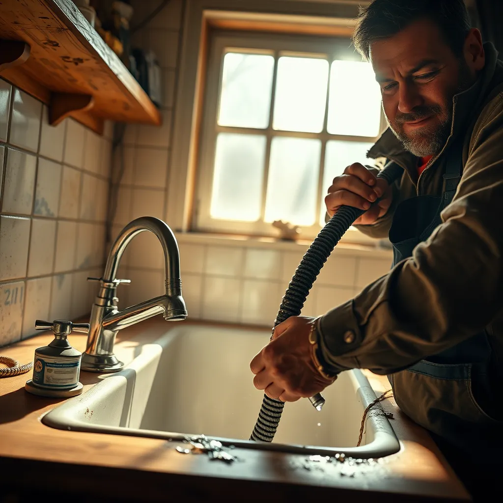 A dynamic and compelling image of a plumber using a powerful drain snake to clear a clogged kitchen sink. The scene should have a vintage, rustic aesthetic, with a worn wooden countertop and a classic porcelain sink. The plumber should be wearing a rugged work uniform with a focused expression. The lighting should be dramatic, with a warm spotlight illuminating the plumber's hands and the drain snake as it spirals down the drain. The camera angle should be low, emphasizing the force and movement of the drain snake. The image should have a high contrast, emphasizing the details of the plumber's tools and the textures of the sink and countertop. The background should include a partially visible kitchen window with sunlight streaming in, creating a sense of urgency and efficiency.