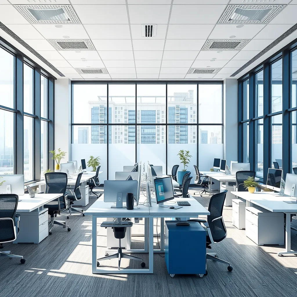 A mid-range shot of a contemporary office space, showcasing Duwan Cleaning's meticulous office cleaning services. The image should depict a vibrant and functional workspace, with clean desks, sparkling windows, and well-organized equipment. The lighting should be bright and natural, with sunlight streaming through large windows, creating a positive and productive atmosphere. The office furniture should be modern and comfortable, with a clean color palette of white, grey, and blue. The image should capture the essence of a professional and welcoming workplace, highlighting the efficiency and cleanliness of Duwan Cleaning's services. Render in photorealistic detail, with 8K resolution, and emphasize the textures and materials of the office furniture and décor.
