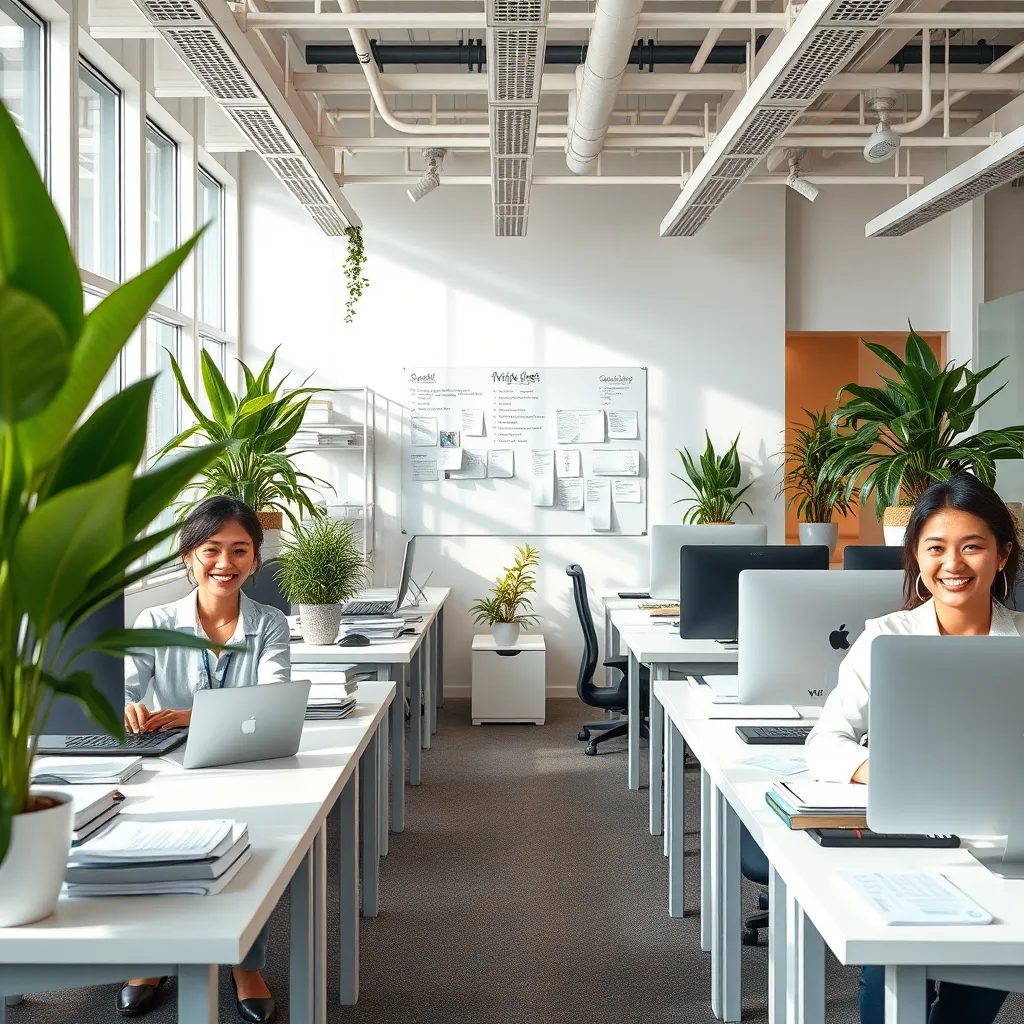 A modern, open-plan office space with bright lighting. Clean desks with organized files, a whiteboard with inspiring notes, and plants adding a touch of nature. Employees are working comfortably at their desks, with smiles on their faces, reflecting a positive and productive atmosphere. The image should convey a sense of efficiency and professional cleanliness.