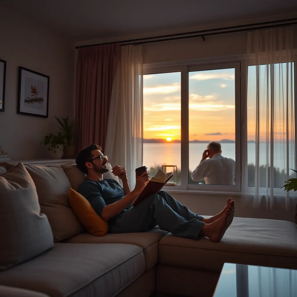 A person relaxing on a comfortable couch in a cozy living room, sipping a cup of coffee and reading a book. Outside the window, a beautiful sunset illuminates the sky. The living room is meticulously clean, showcasing a comfortable and inviting space. The image should convey a feeling of tranquility and contentment, reflecting the stress-free life that comes with professional cleaning services.