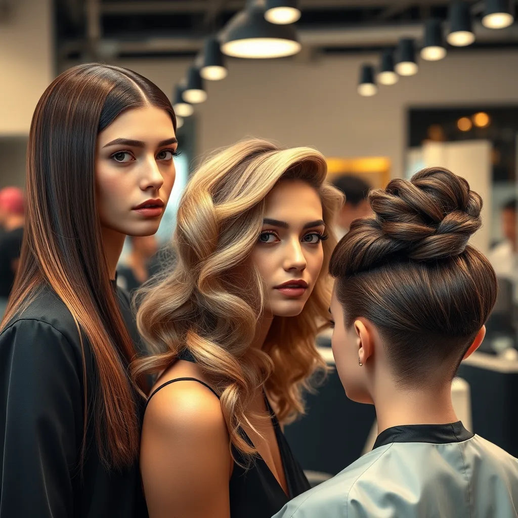 A photo showcasing a variety of hair styling services, with multiple models demonstrating different styles. The image should feature a model with straight hair, another with permed hair, and a third with an intricate hairstyle. The background should be a modern salon environment with professional styling tools visible.