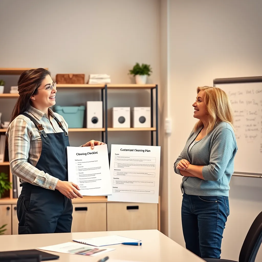 A photorealistic image depicting a cleaning professional standing next to a checklist, discussing a customized cleaning plan with a satisfied client. The scene is set in a modern office, with a clean desk, organized shelves, and a whiteboard with handwritten notes.